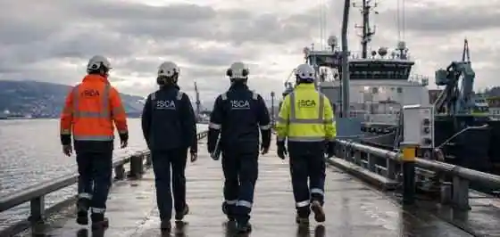Marine engineering team walking dockside towards a working vessel